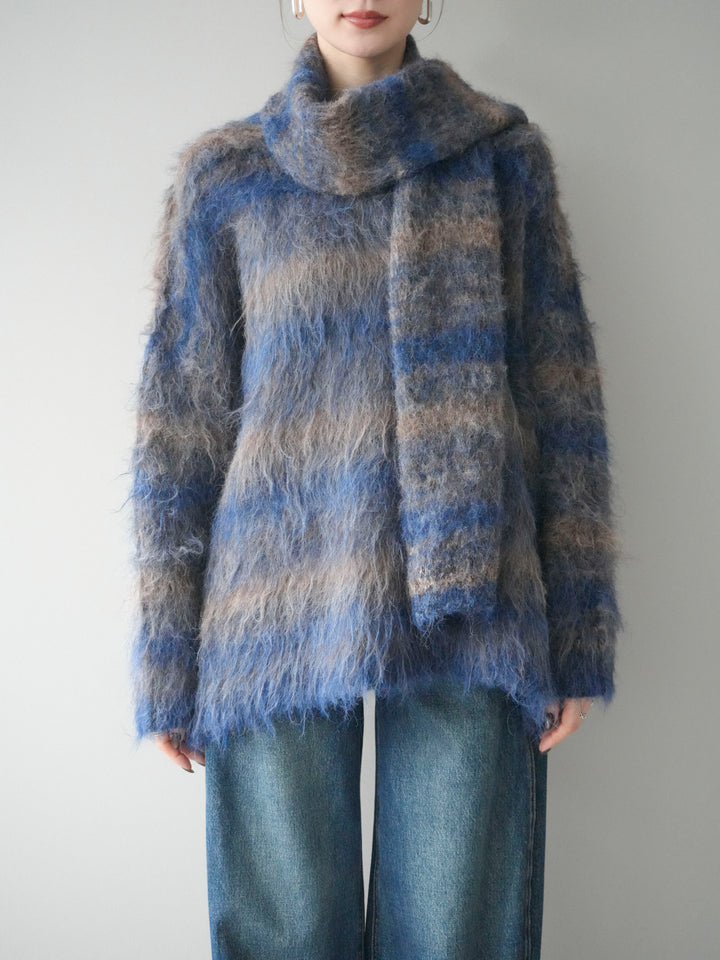 [予約]ストール付シャギーマルチボーダーニットプルオーバー/blue