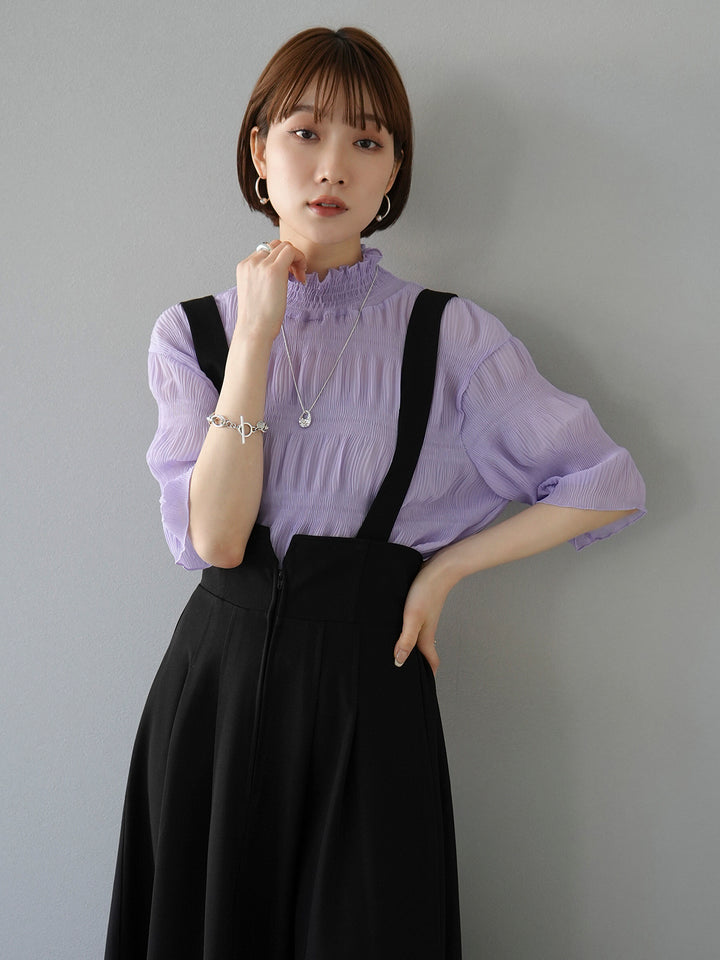 [SET] Shirring chiffon half sleeve blouse + 2WAY flare jumper skirt (2set)