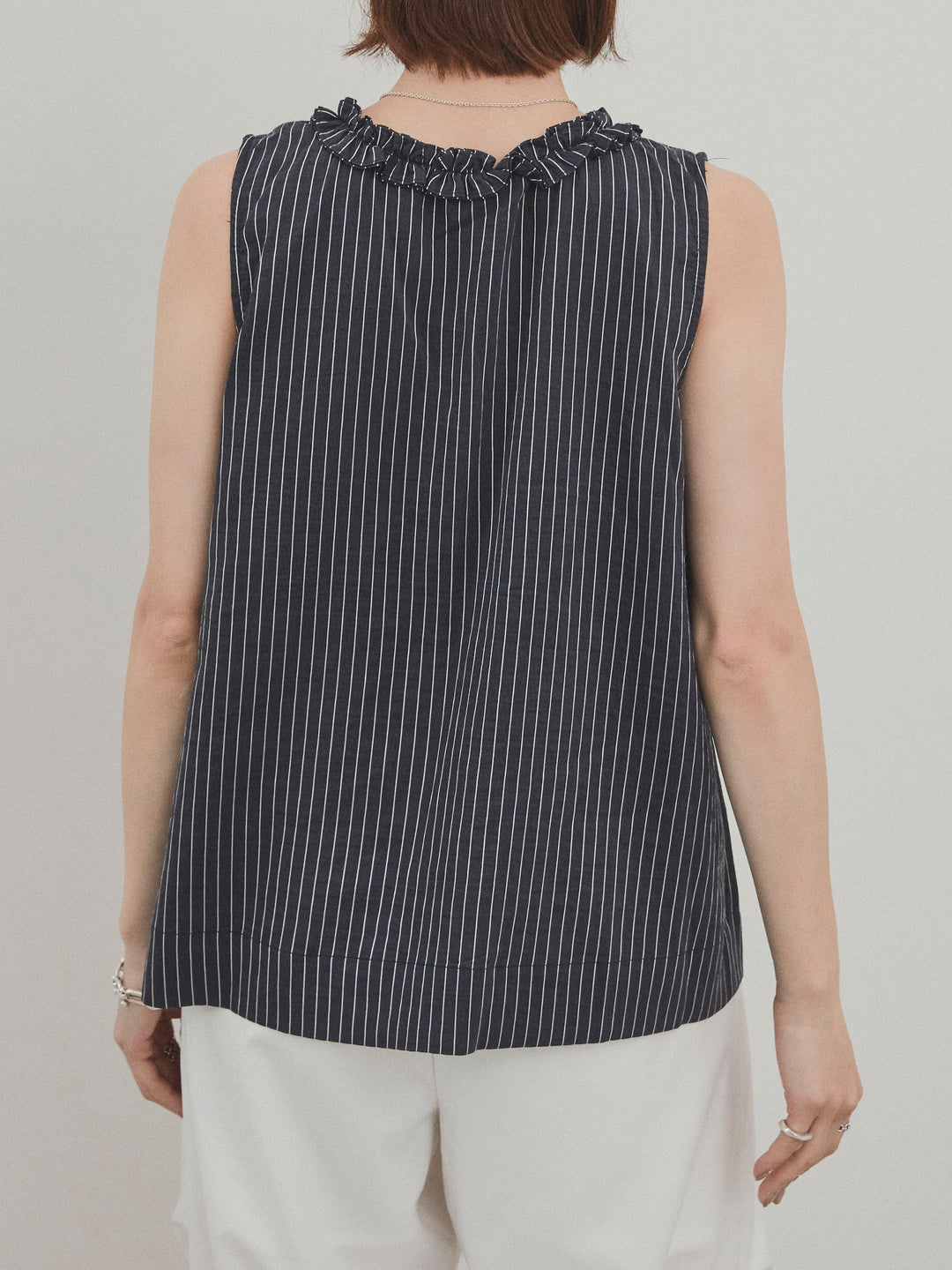 【預購】條紋荷葉邊襯衫/黑色