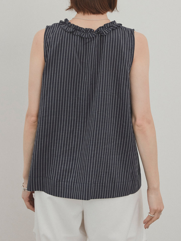 【預購】條紋荷葉邊襯衫/黑色