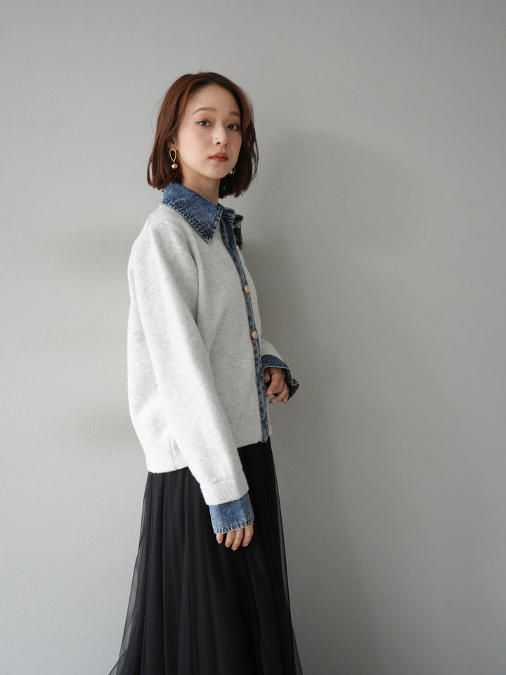 [予約]デニム襟ボタンニットカーディガン/オートミール