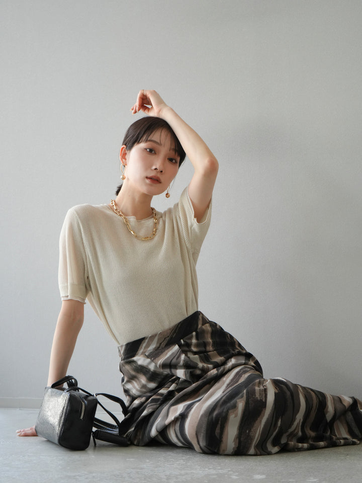 [SET]リネンタッチ配色二重臼ハーフニットトップス+選べるアソート柄スカートセット(2set)