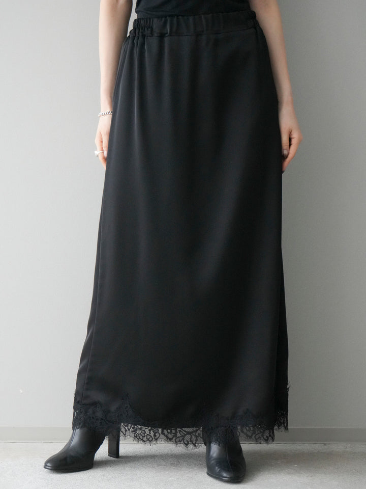 [予約]裾レースサテンナロースカート/black