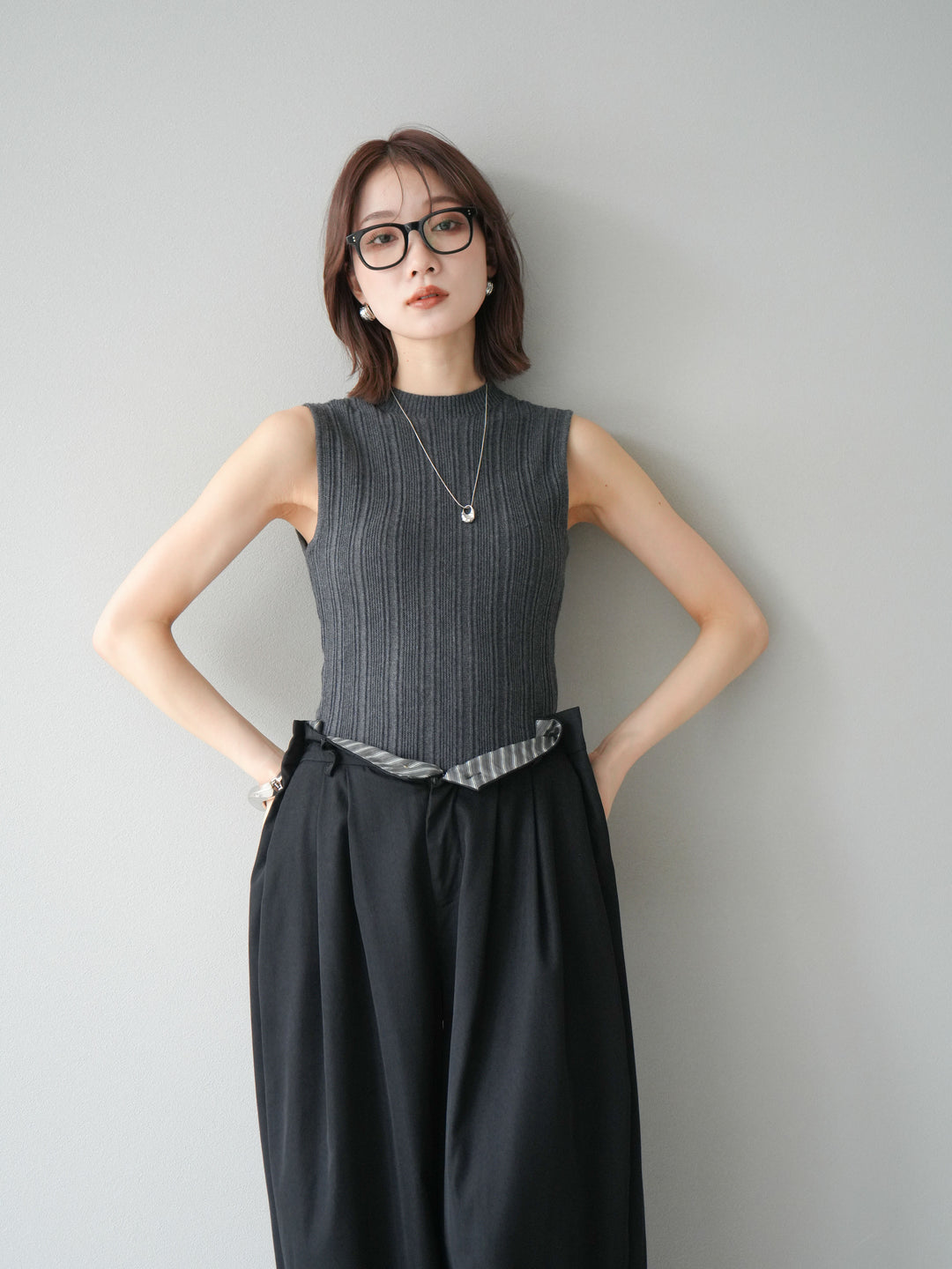 [予約]スリーブレスランダムリブニットトップス/グレー