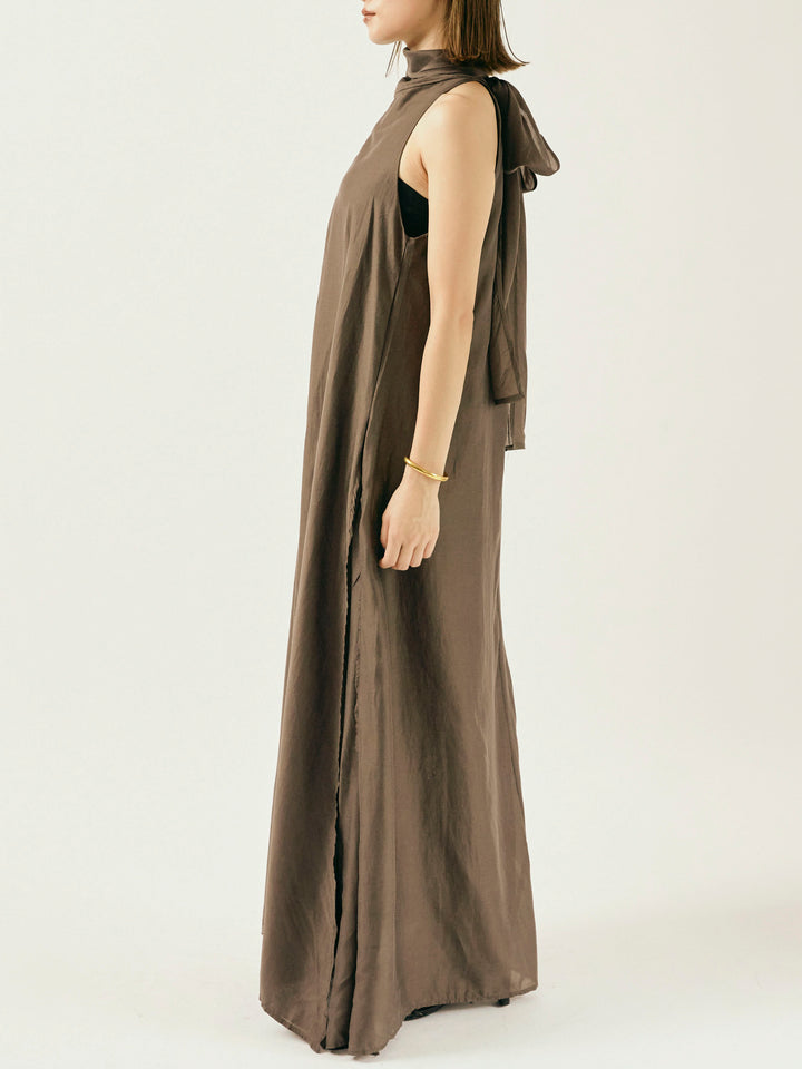 [予約]シャイニーホルターネックレイヤードワンピース/ブラウン