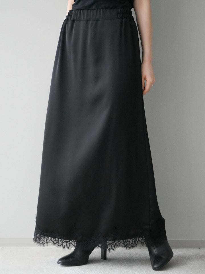 [予約]裾レースサテンナロースカート/black