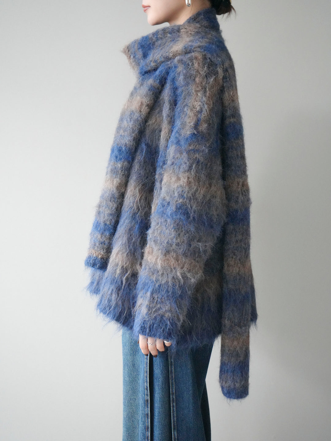 [予約]ストール付シャギーマルチボーダーニットプルオーバー/blue