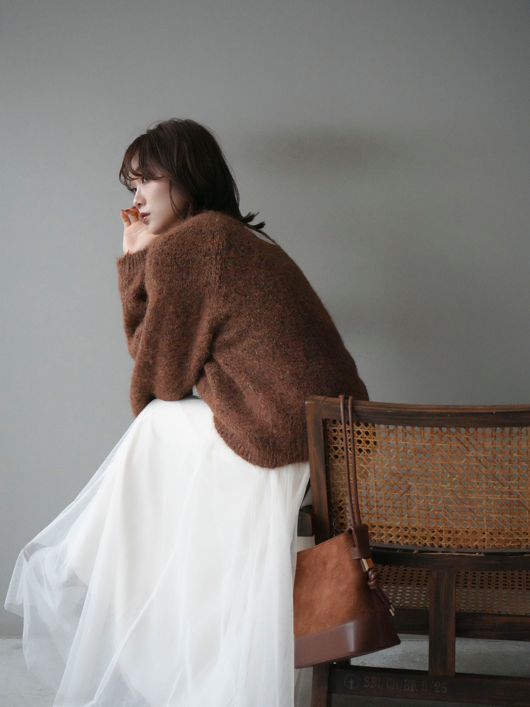 [SET]ロゴラベルミックスヤーンニットプルオーバー+チュールボリュームスカート(2set)