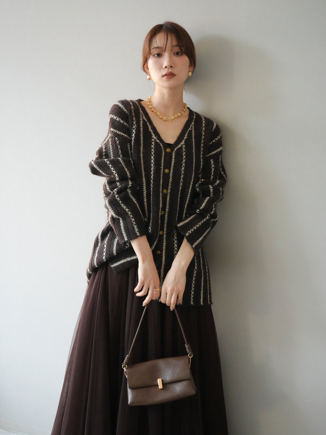 [予約]ストライプVネックニットカーディガン/ブラウン