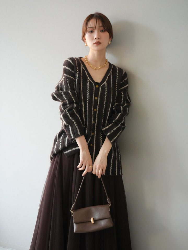 [予約]ストライプVネックニットカーディガン/ブラウン