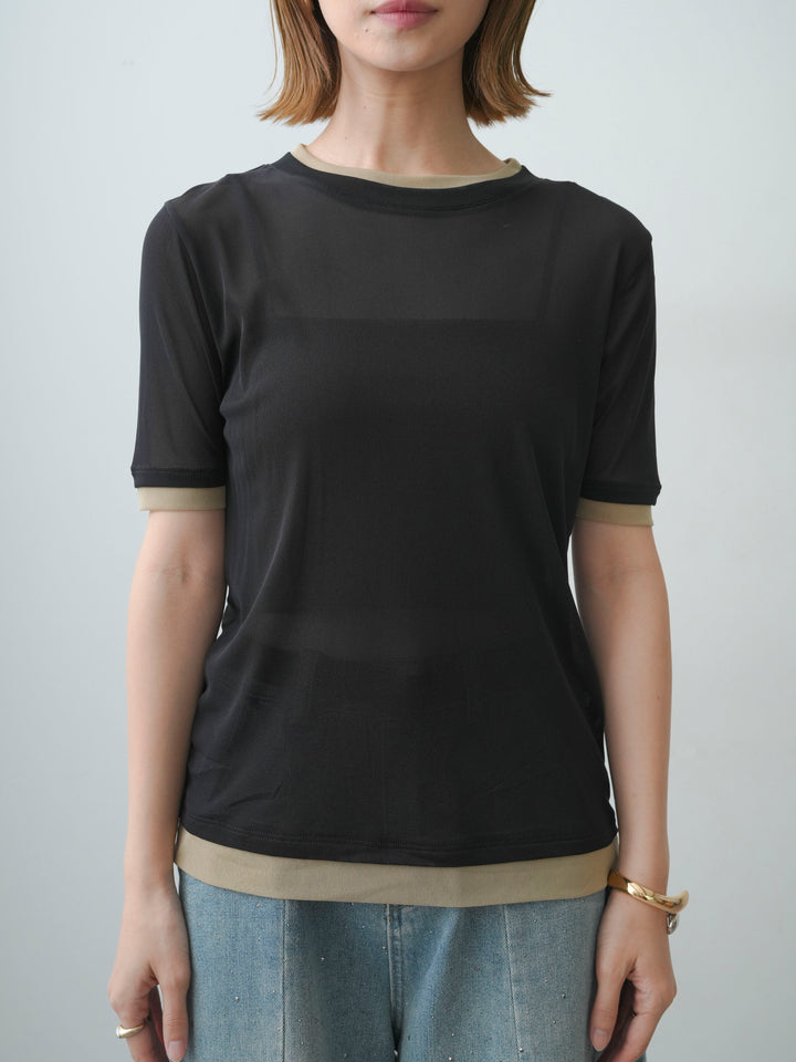 [予約]トリムレイヤードシアー半袖トップス/black