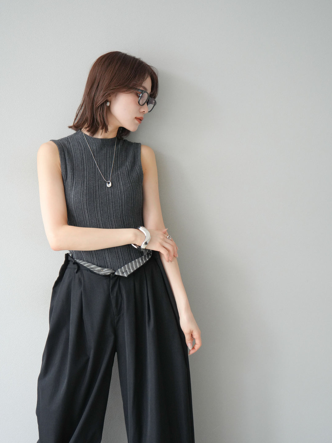 [予約]スリーブレスランダムリブニットトップス/グレー