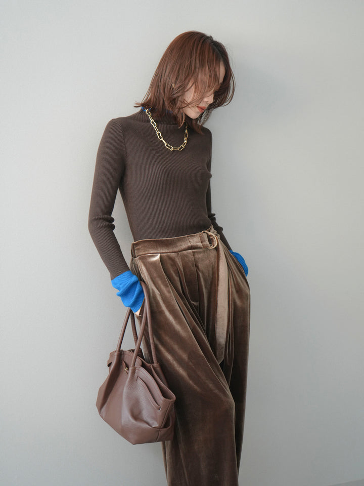 [予約]袖ボタンハイネック配色リブニットトップス/brown