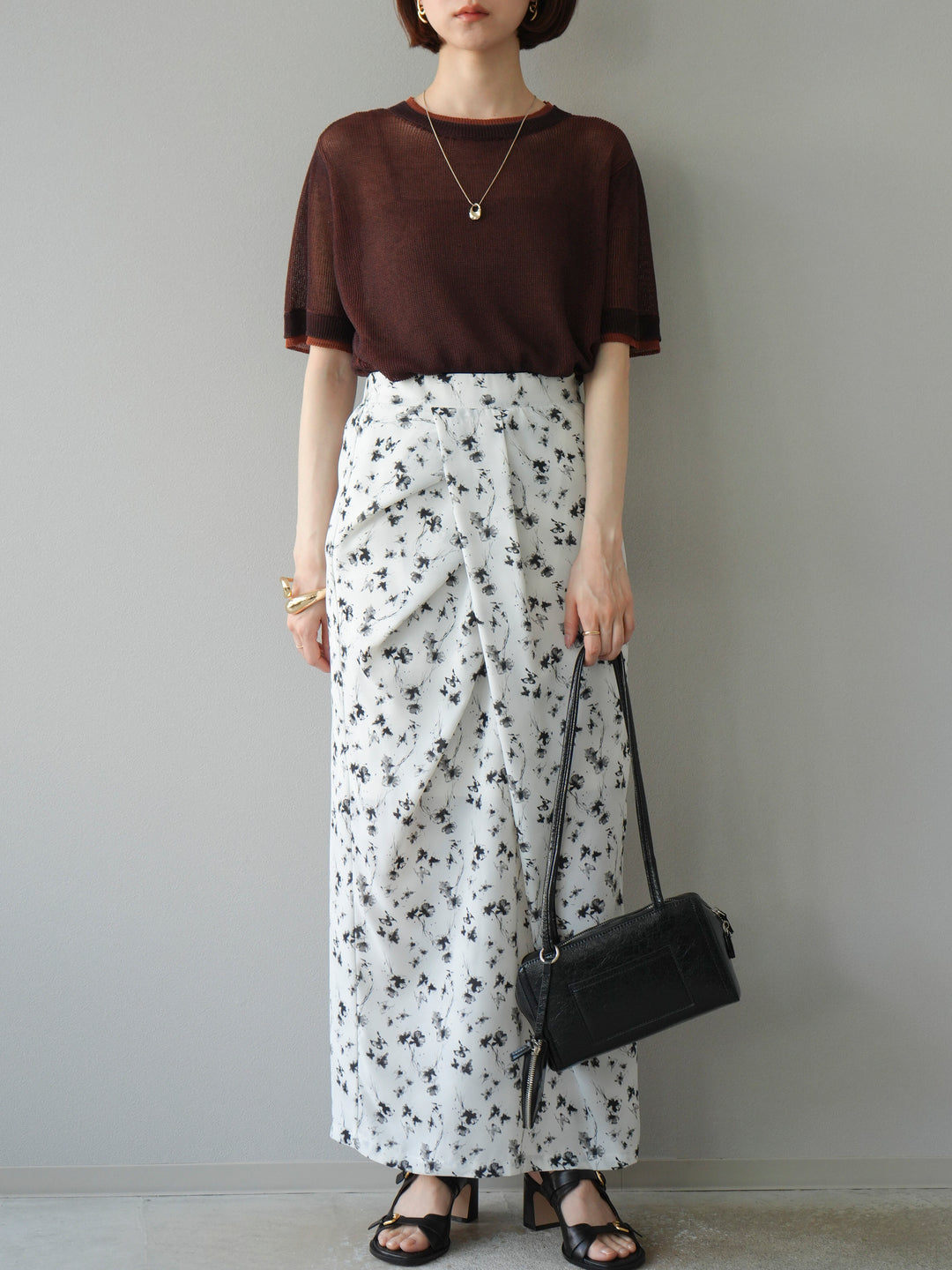 [SET]リネンタッチ配色二重臼ハーフニットトップス+選べるアソート柄スカートセット(2set)