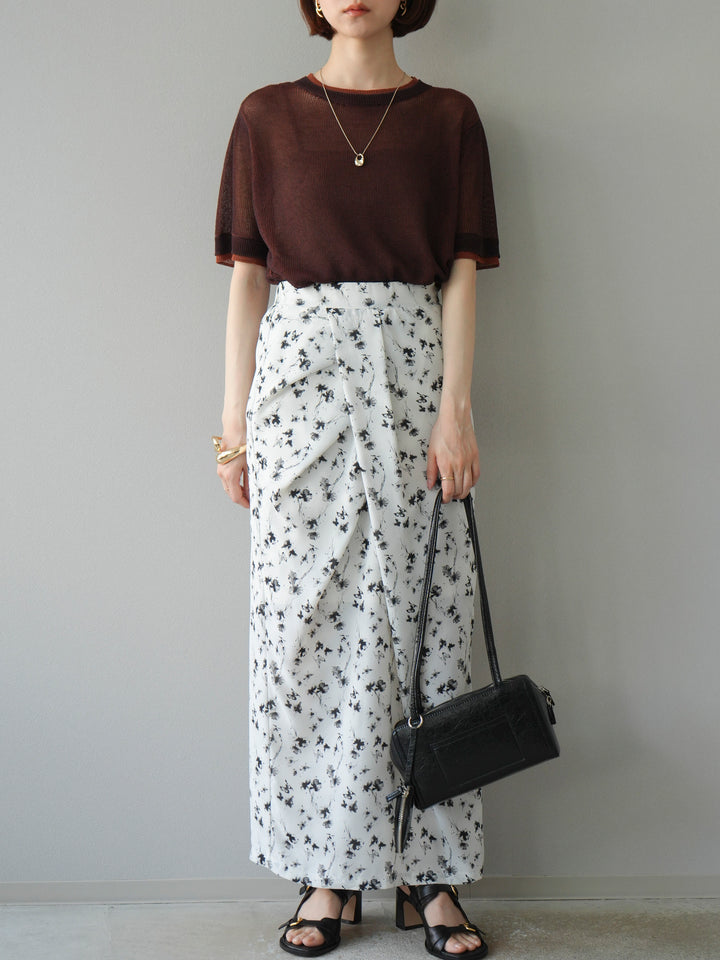 [SET]リネンタッチ配色二重臼ハーフニットトップス+選べるアソート柄スカートセット(2set)