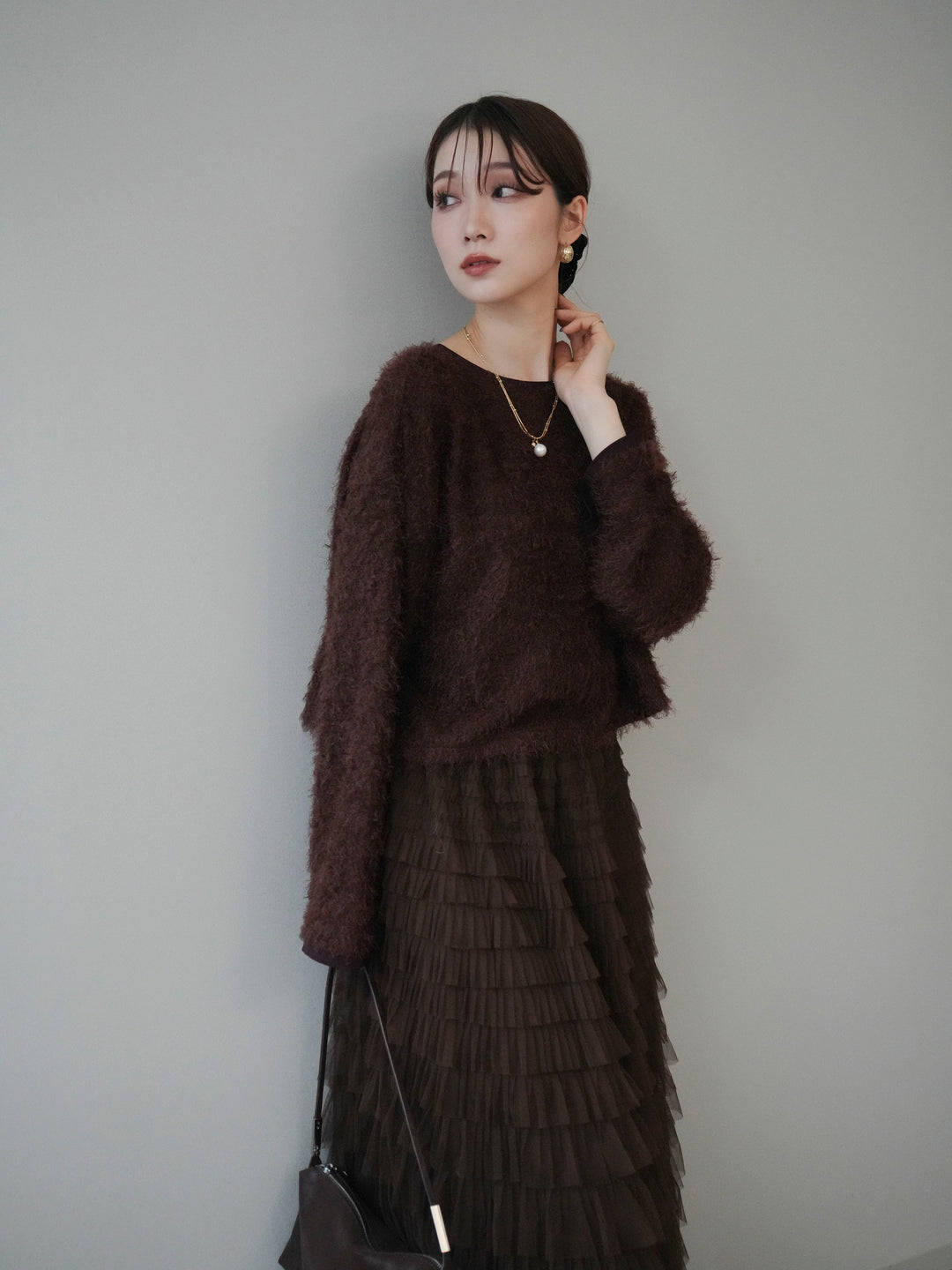 [予約]バイカラー2WAYシャギーニットカーディガン/brown