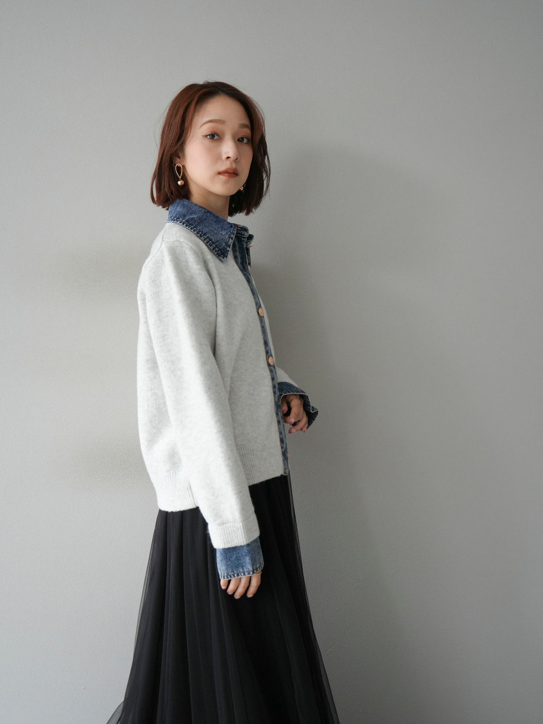 [予約]デニム襟ボタンニットカーディガン/オートミール