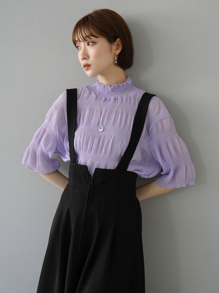 [SET] Shirring chiffon half sleeve blouse + 2WAY flare jumper skirt (2set)