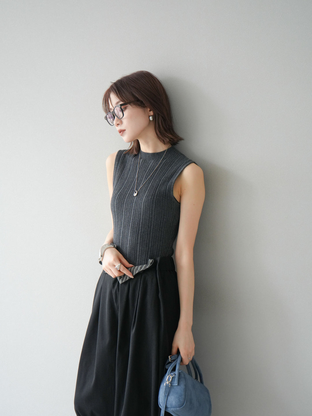 [予約]スリーブレスランダムリブニットトップス/グレー