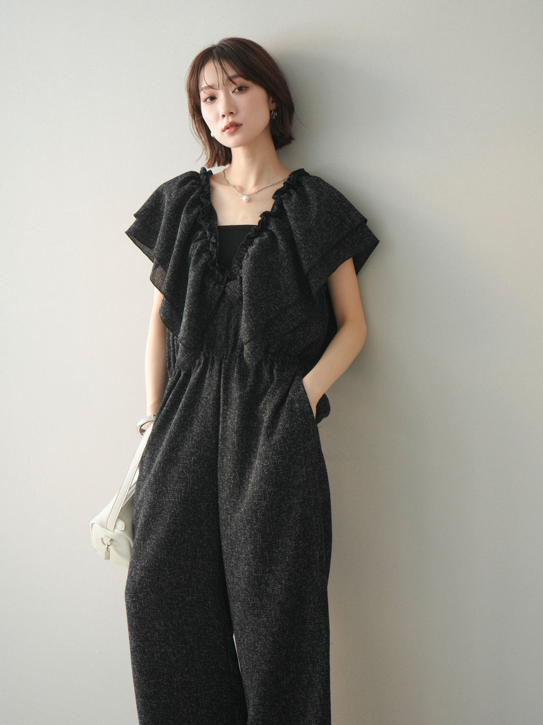 [SET]3WAYミックスツイードギャザーオールインワン+選べるアクセセット(2set)