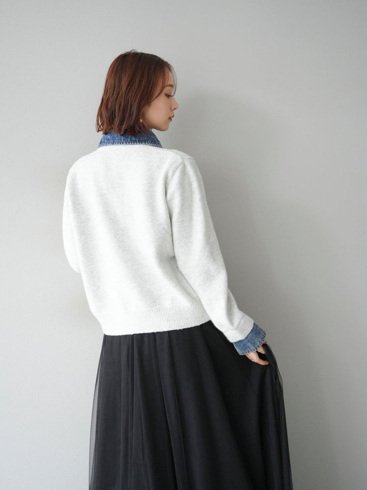 [予約]デニム襟ボタンニットカーディガン/オートミール