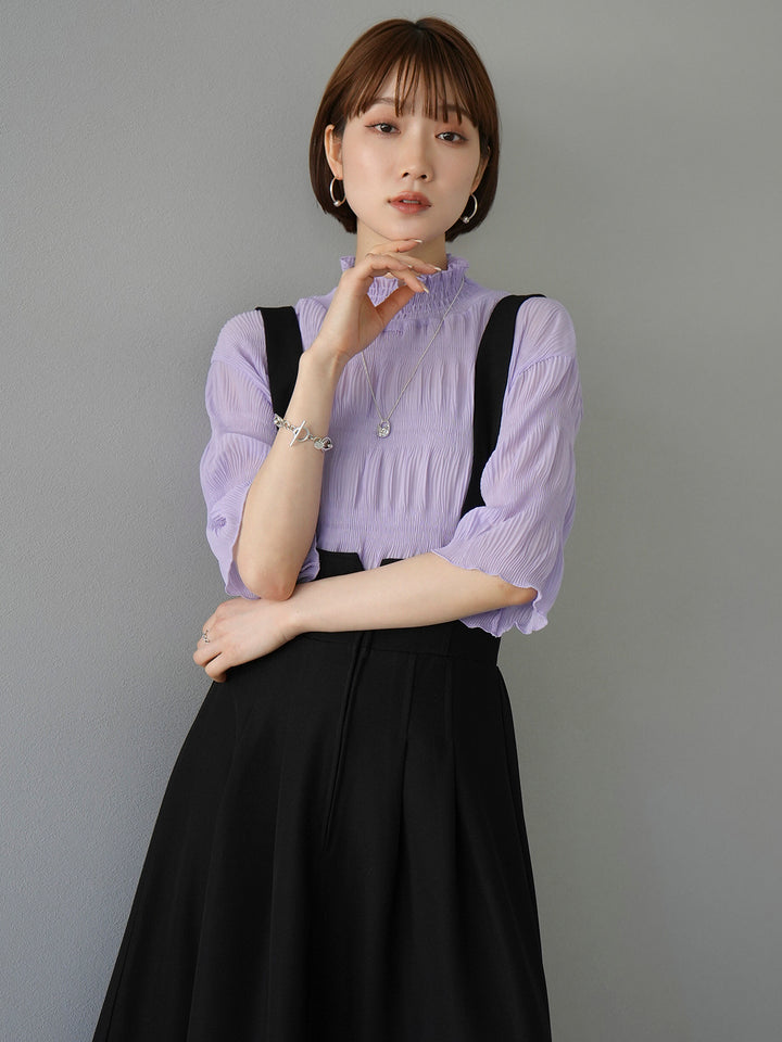 [SET] Shirring chiffon half sleeve blouse + 2WAY flare jumper skirt (2set)