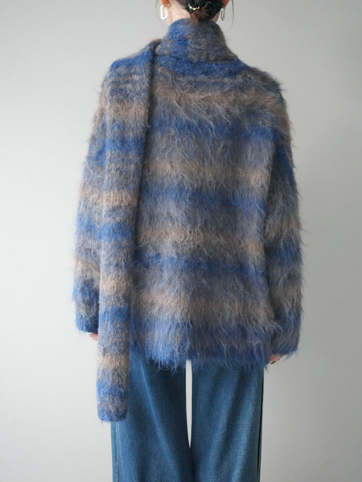 [予約]ストール付シャギーマルチボーダーニットプルオーバー/blue