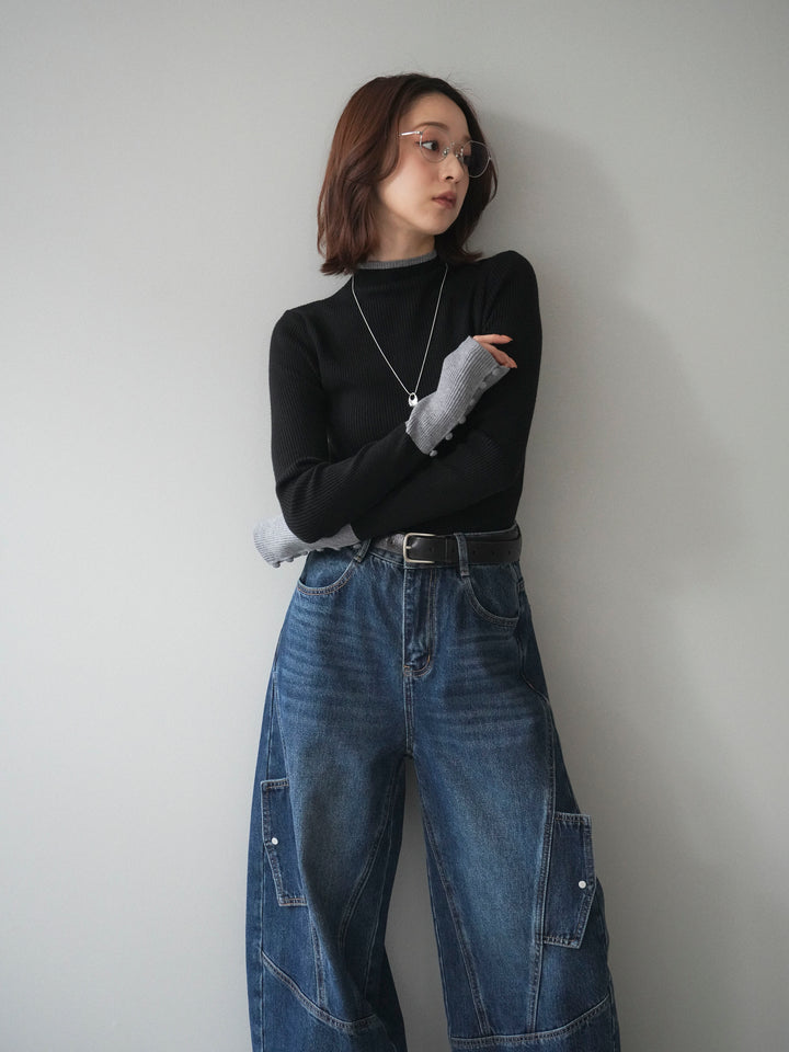 [予約]袖ボタンハイネック配色リブニットトップス/black