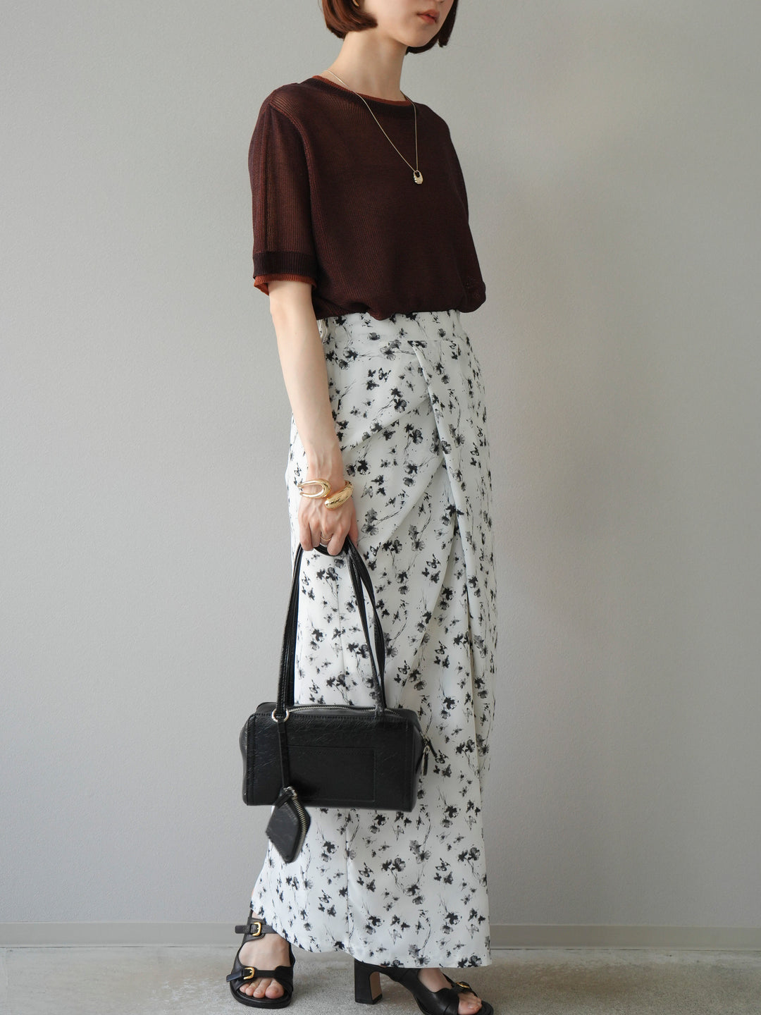 [SET]リネンタッチ配色二重臼ハーフニットトップス+選べるアソート柄スカートセット(2set)