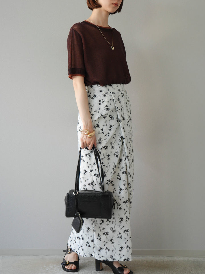 [SET]リネンタッチ配色二重臼ハーフニットトップス+選べるアソート柄スカートセット(2set)