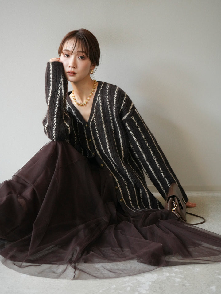 [予約]ストライプVネックニットカーディガン/ブラウン