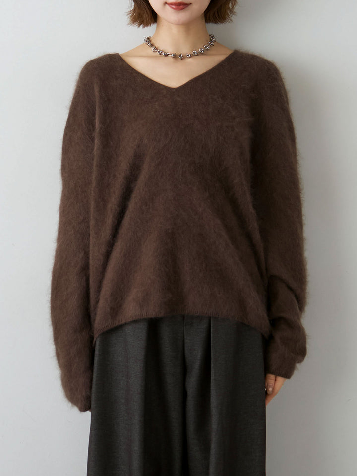 [予約]カシミア混フェザータッチVネックニットトップス/brown