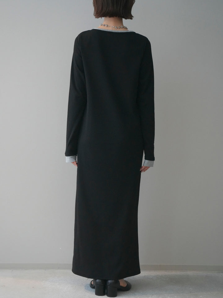 [予約]配色レイヤードヘンリーネックカットリブワンピース/black