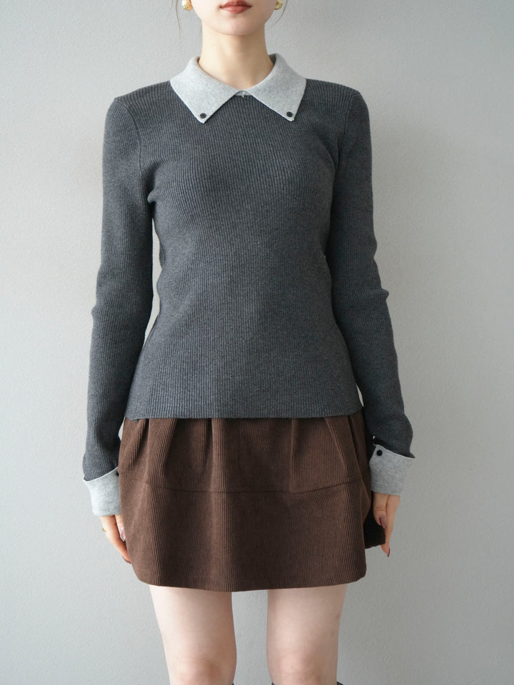 [予約]ニットカフス襟付き配色リブニットトップス/charcoal