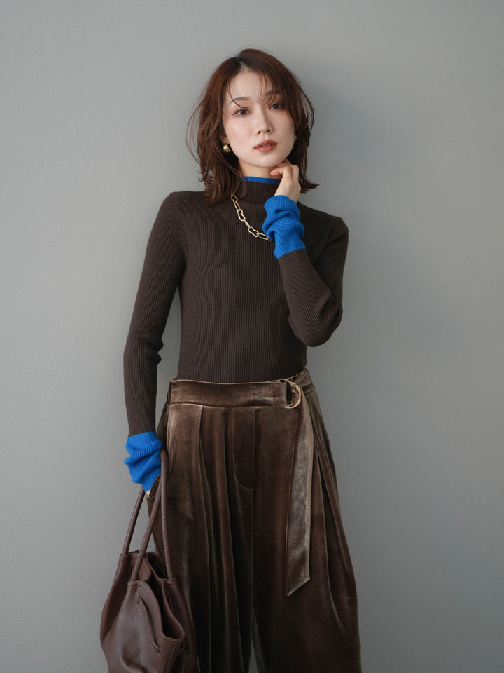 [予約]袖ボタンハイネック配色リブニットトップス/brown
