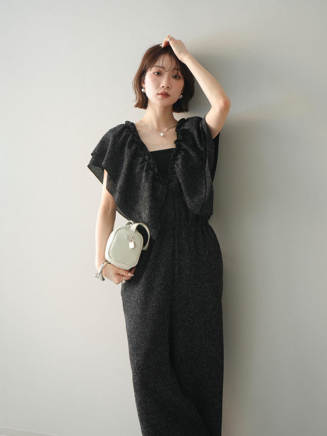 [SET]3WAYミックスツイードギャザーオールインワン+選べるアクセセット(2set)