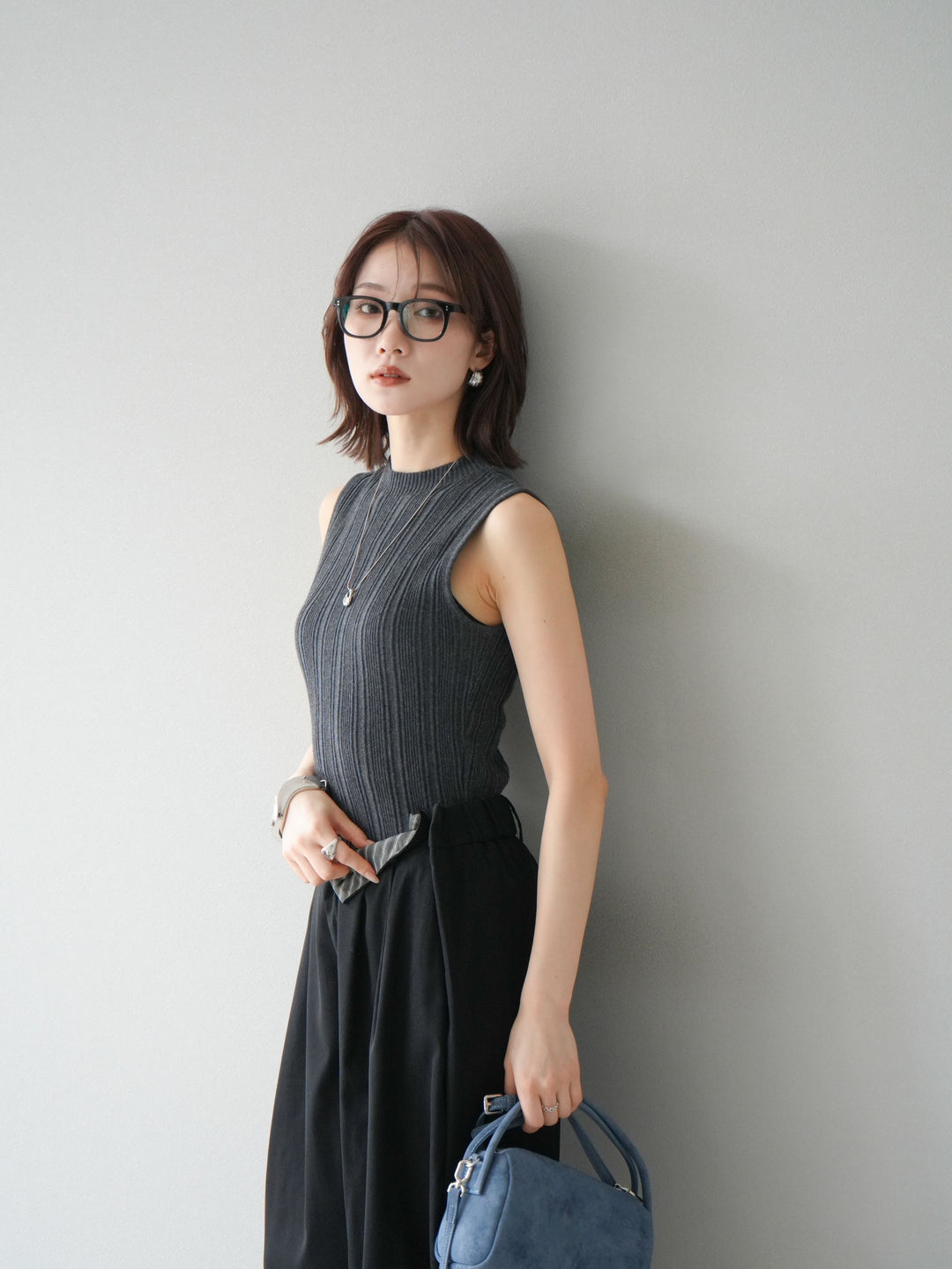 [予約]スリーブレスランダムリブニットトップス/グレー