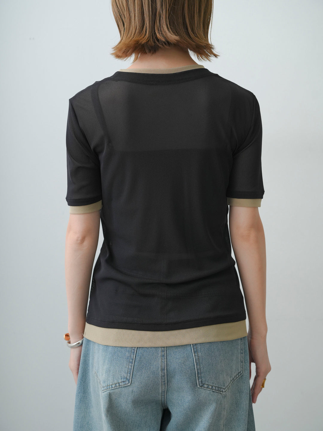 [予約]トリムレイヤードシアー半袖トップス/black