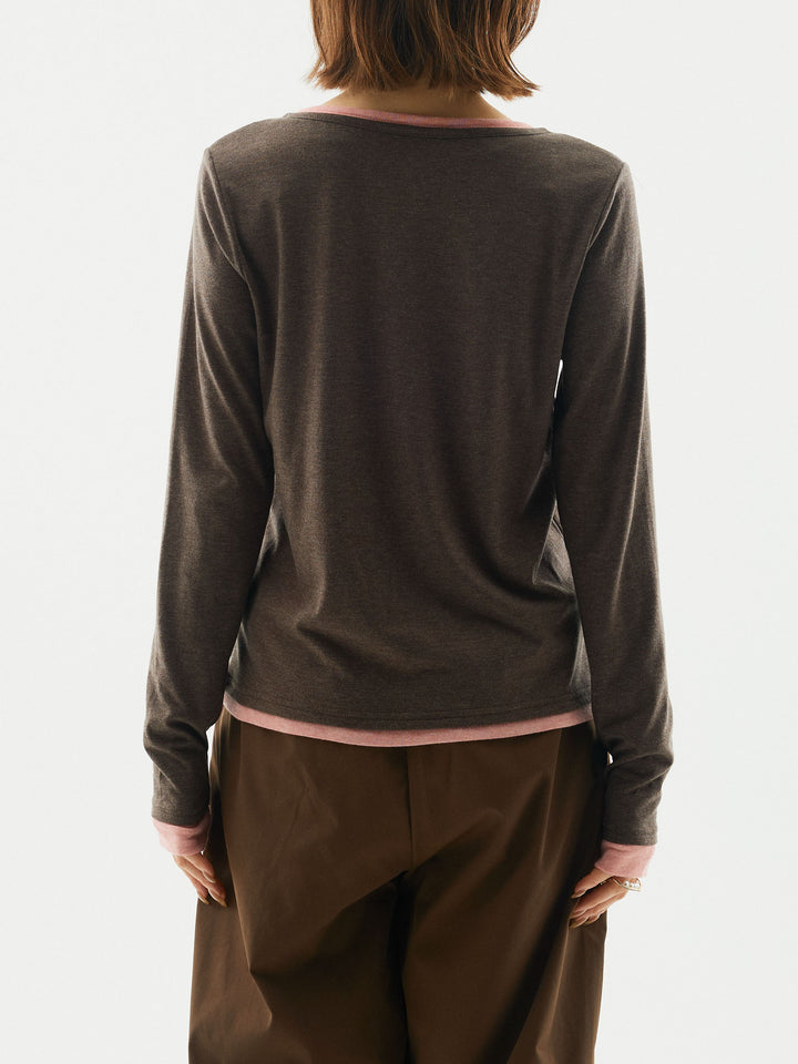 [予約]配色レイヤードヘンリーネックトップス/ブラウン