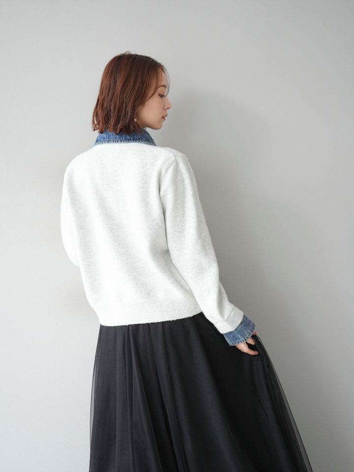 [予約]デニム襟ボタンニットカーディガン/オートミール