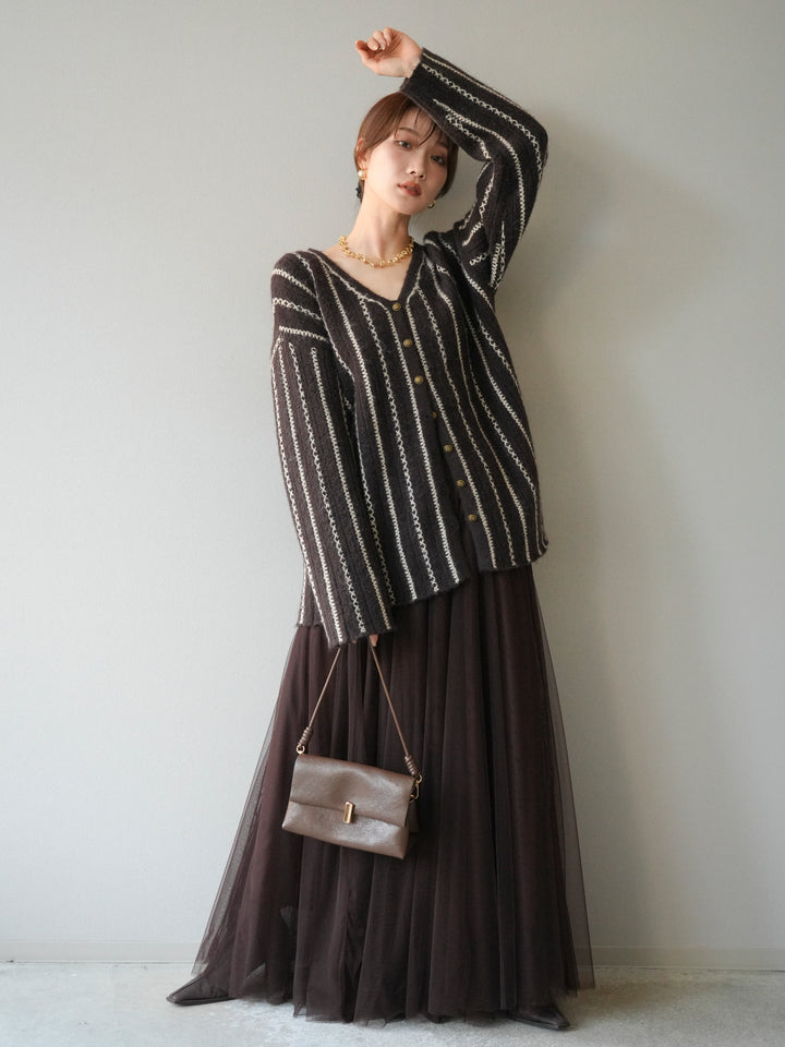 [予約]ストライプVネックニットカーディガン/ブラウン