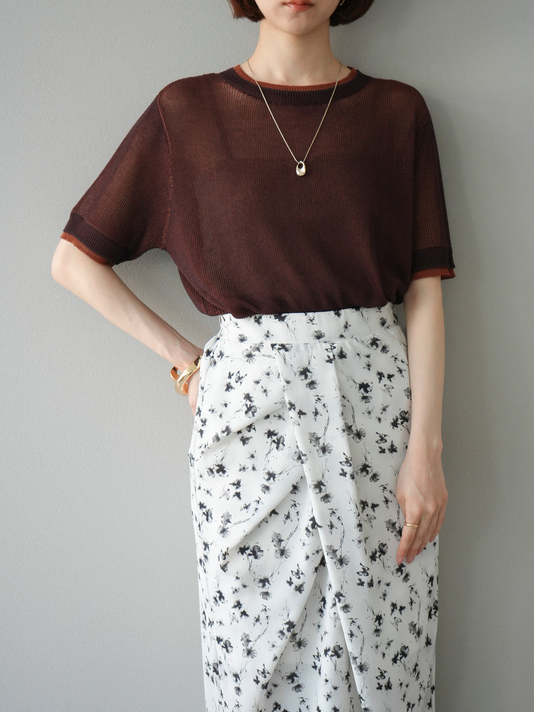 [SET]リネンタッチ配色二重臼ハーフニットトップス+選べるアソート柄スカートセット(2set)