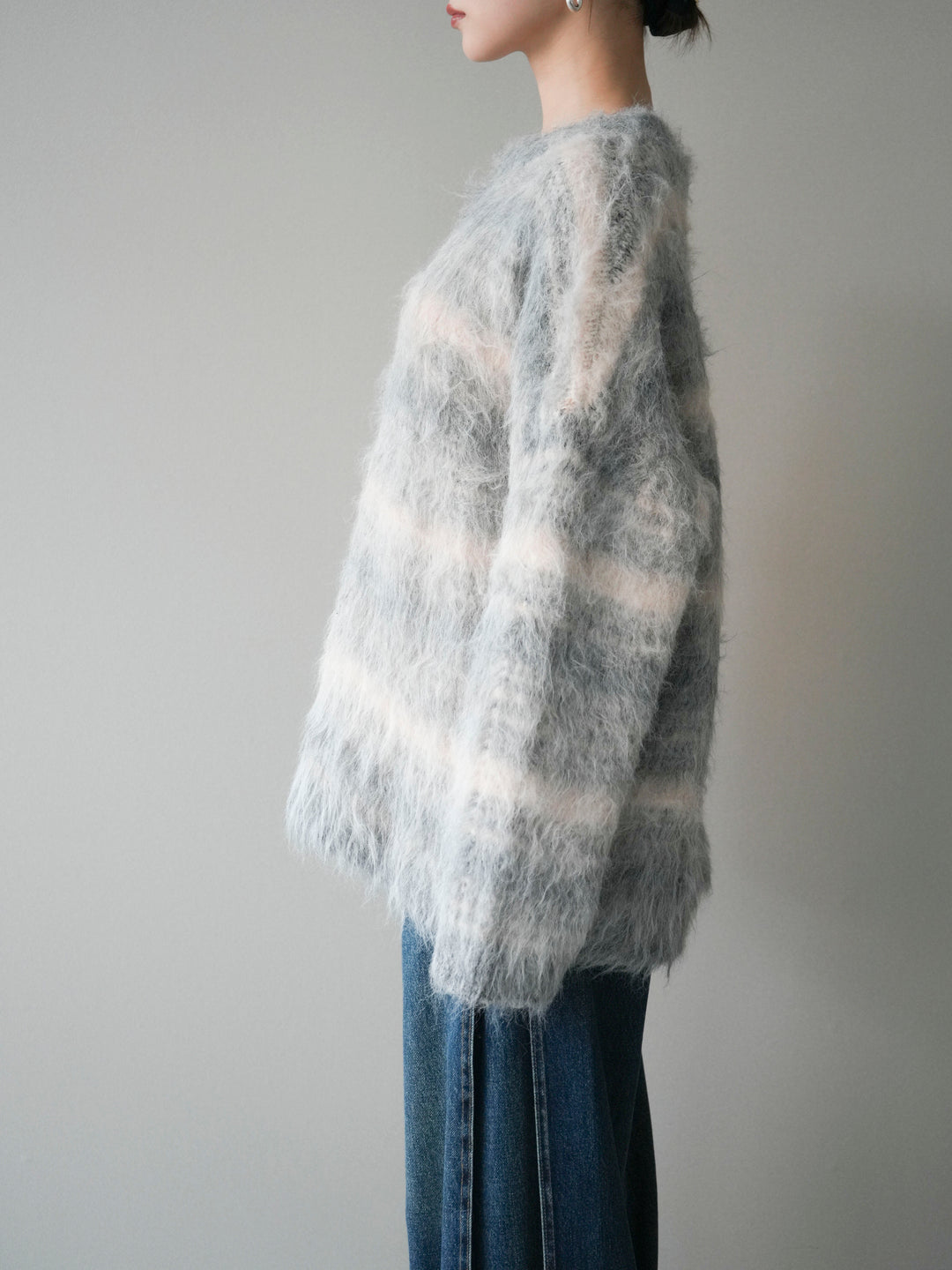 [予約]ストール付シャギーマルチボーダーニットプルオーバー/gray