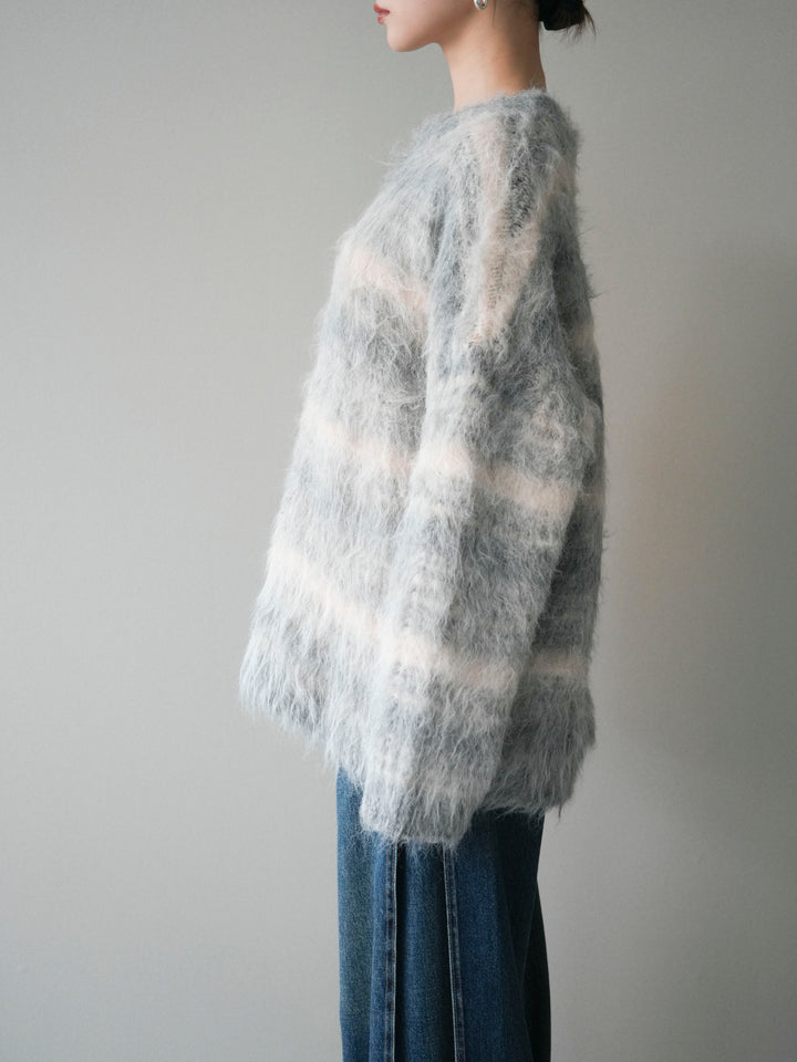 [予約]ストール付シャギーマルチボーダーニットプルオーバー/gray