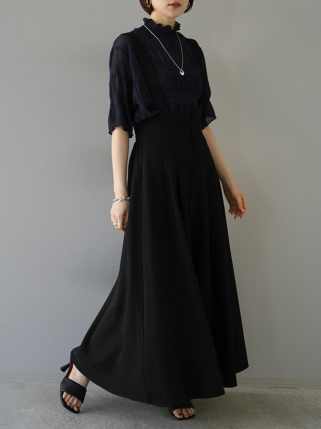 [SET] Shirring chiffon half sleeve blouse + 2WAY flare jumper skirt (2set)