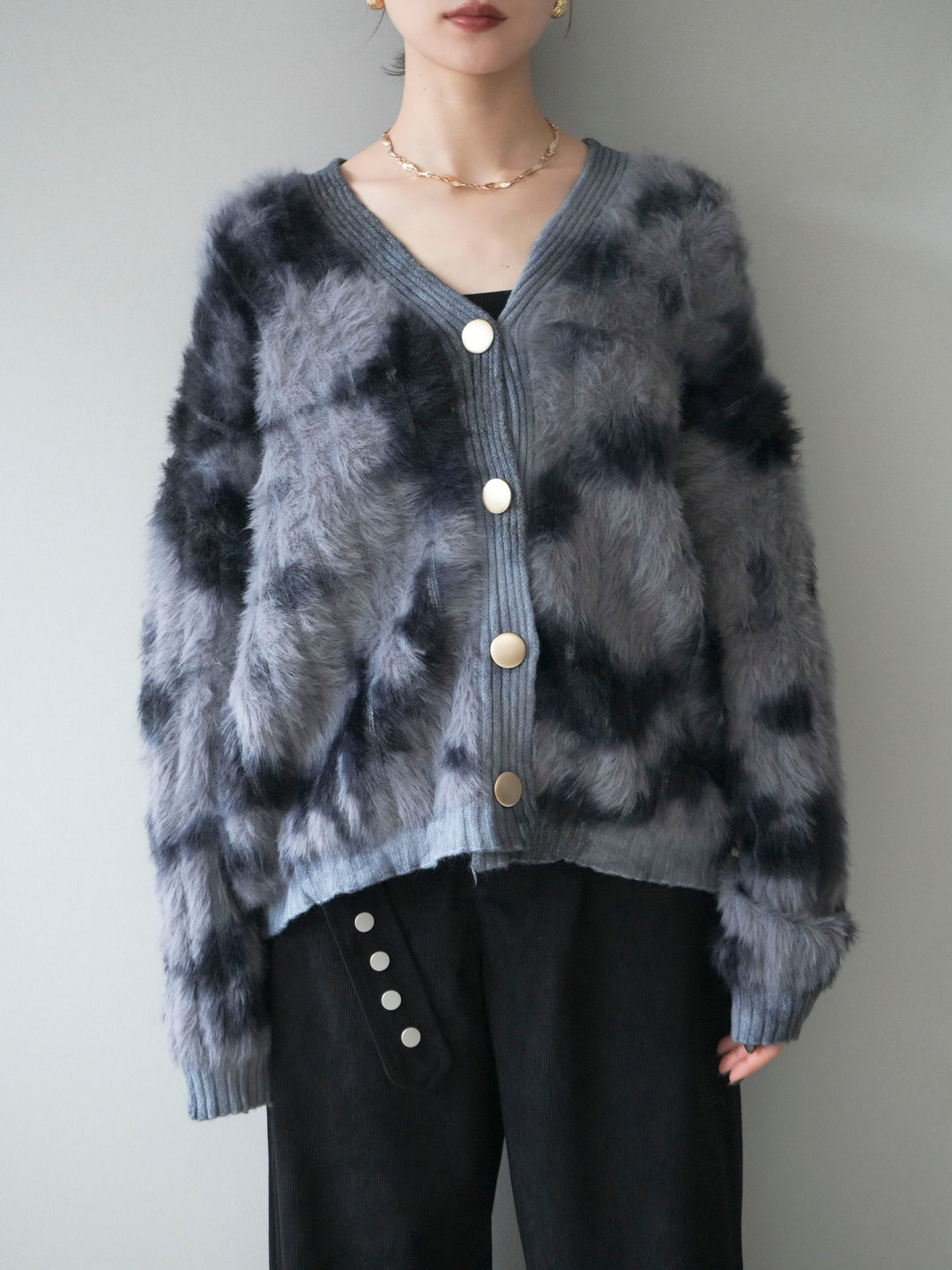 [予約]ニュアンス柄シャギーニットカーディガン/gray