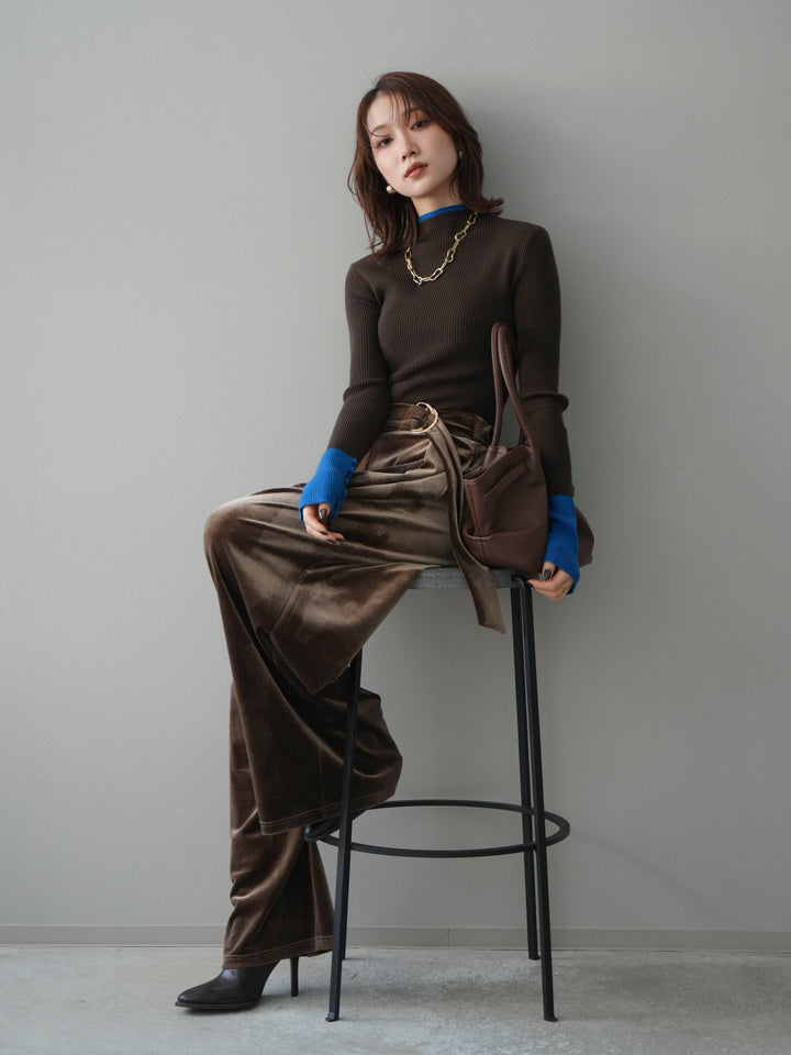 [予約]袖ボタンハイネック配色リブニットトップス/brown