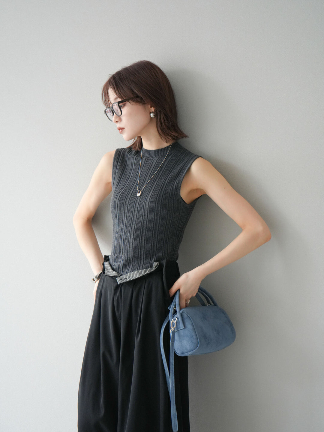 [予約]スリーブレスランダムリブニットトップス/グレー