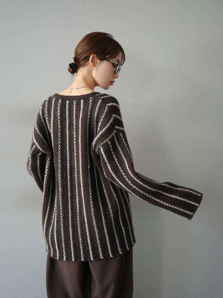 [予約]ストライプVネックニットカーディガン/ブラウン