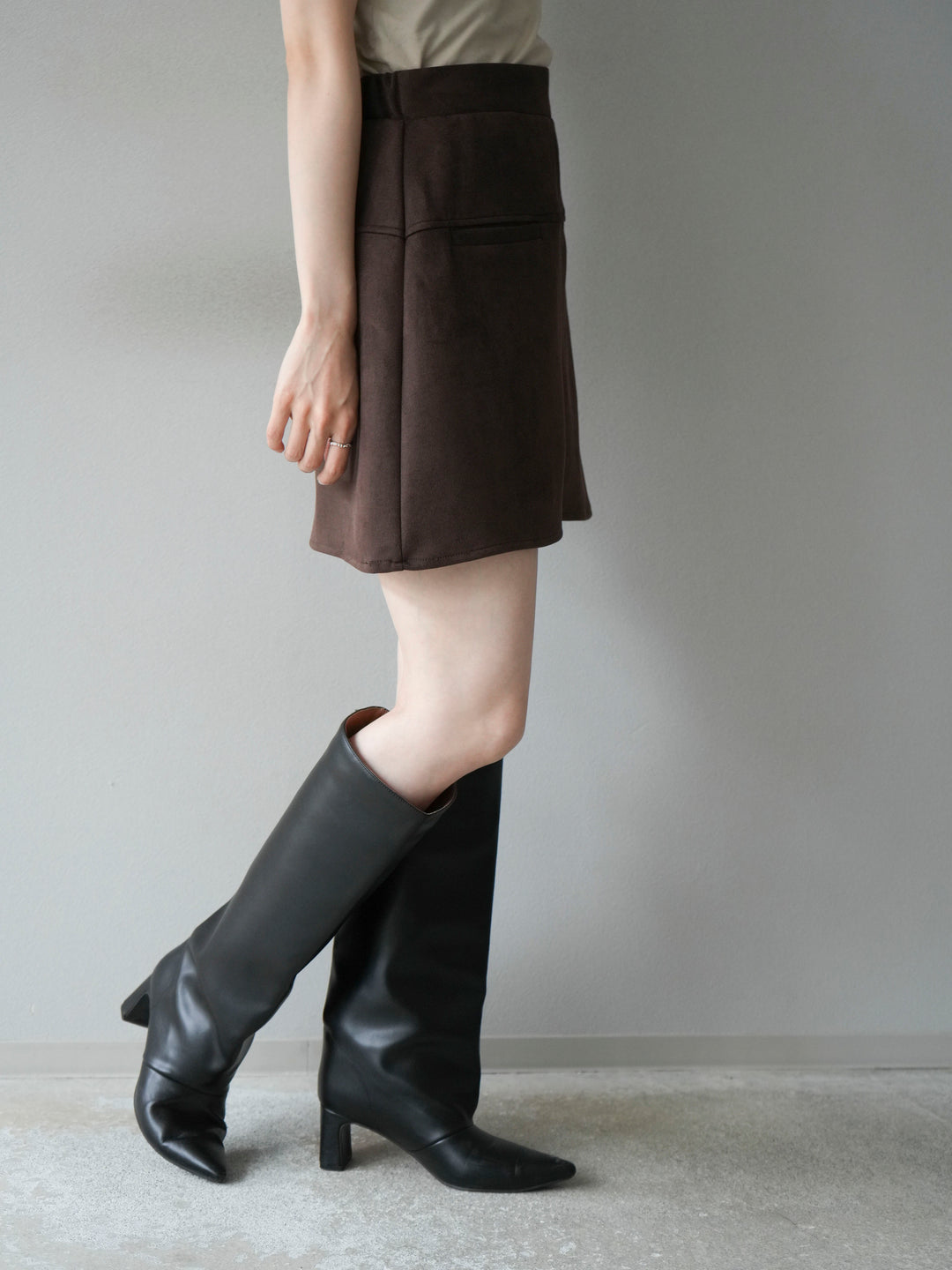 [予約]スエード切替ミニスカート/ダークブラウン